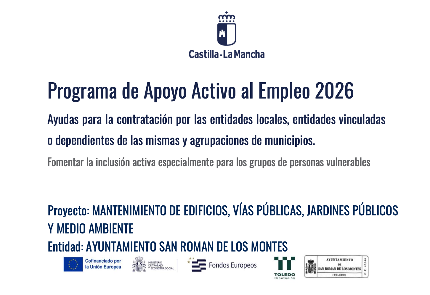 Cartel oficial del Programa de Apoyo Activo al Empleo 2026 de Castilla-La Mancha, cofinanciado por la Unión Europea