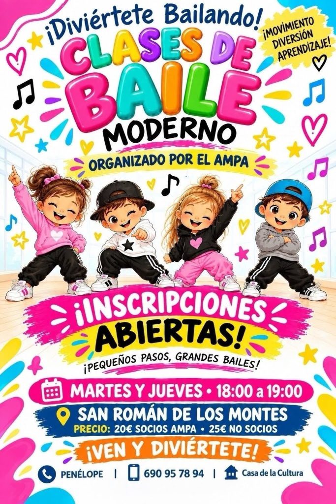 Cartel de las clases de baile moderno organizadas por el AMPA: martes y jueves de 18:00 a 19:00, inscripciones abiertas