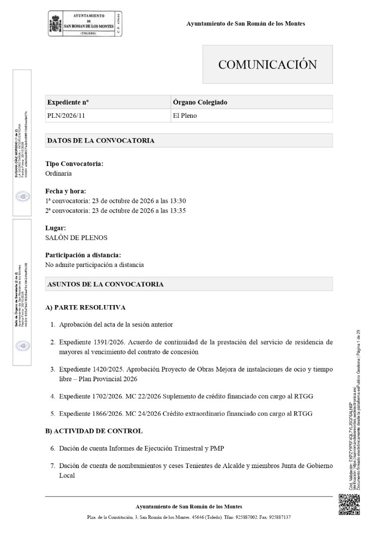 Pleno ordinario el viernes 23 de octubre a las 13:30