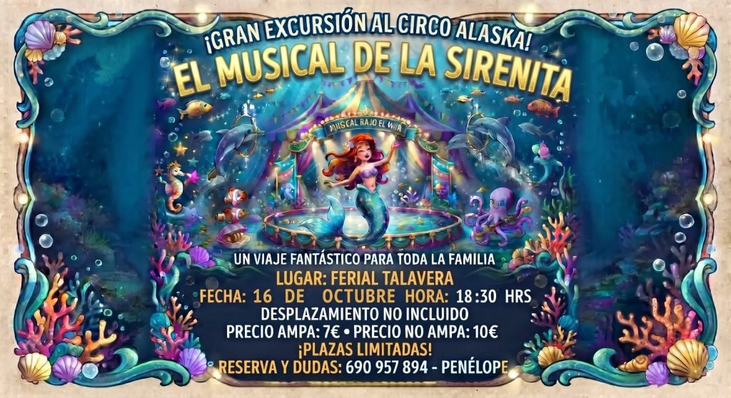 Cartel de la excursión del AMPA al musical La Sirenita del Circo Alaska, el 16 de octubre a las 18:30 en el Ferial de Talavera