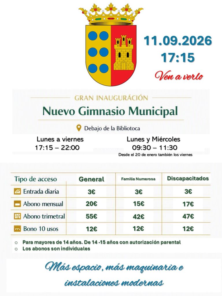 Cartel de la inauguración del nuevo gimnasio municipal, debajo de la Biblioteca, el 11 de septiembre de 2026 a las 17:15, con horarios y tarifas