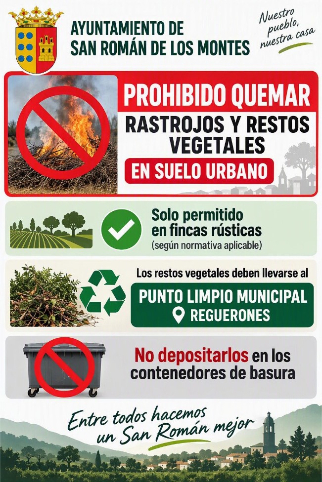 Cartel del Ayuntamiento: prohibido quemar rastrojos y restos vegetales en suelo urbano; solo permitido en fincas rústicas según la normativa; los restos vegetales deben llevarse al Punto Limpio Municipal de Reguerones; no depositarlos en los contenedores de basura.