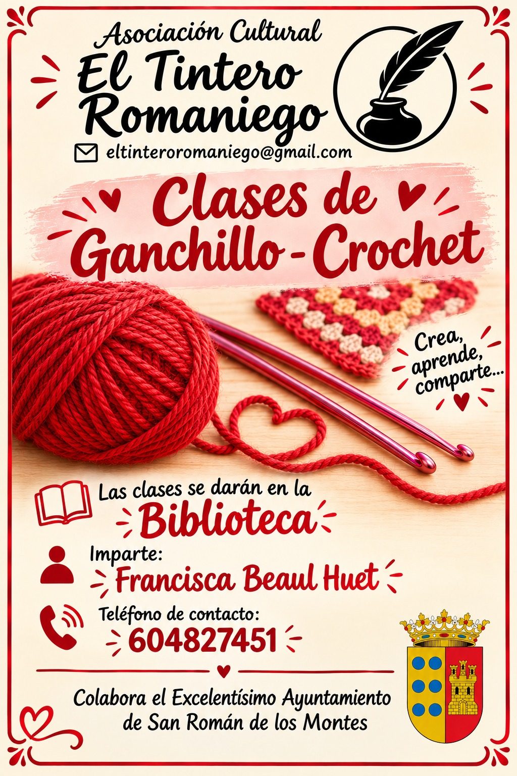 Cartel de las clases de ganchillo y crochet de El Tintero Romaniego en la Biblioteca, impartidas por Francisca Beaul Huet