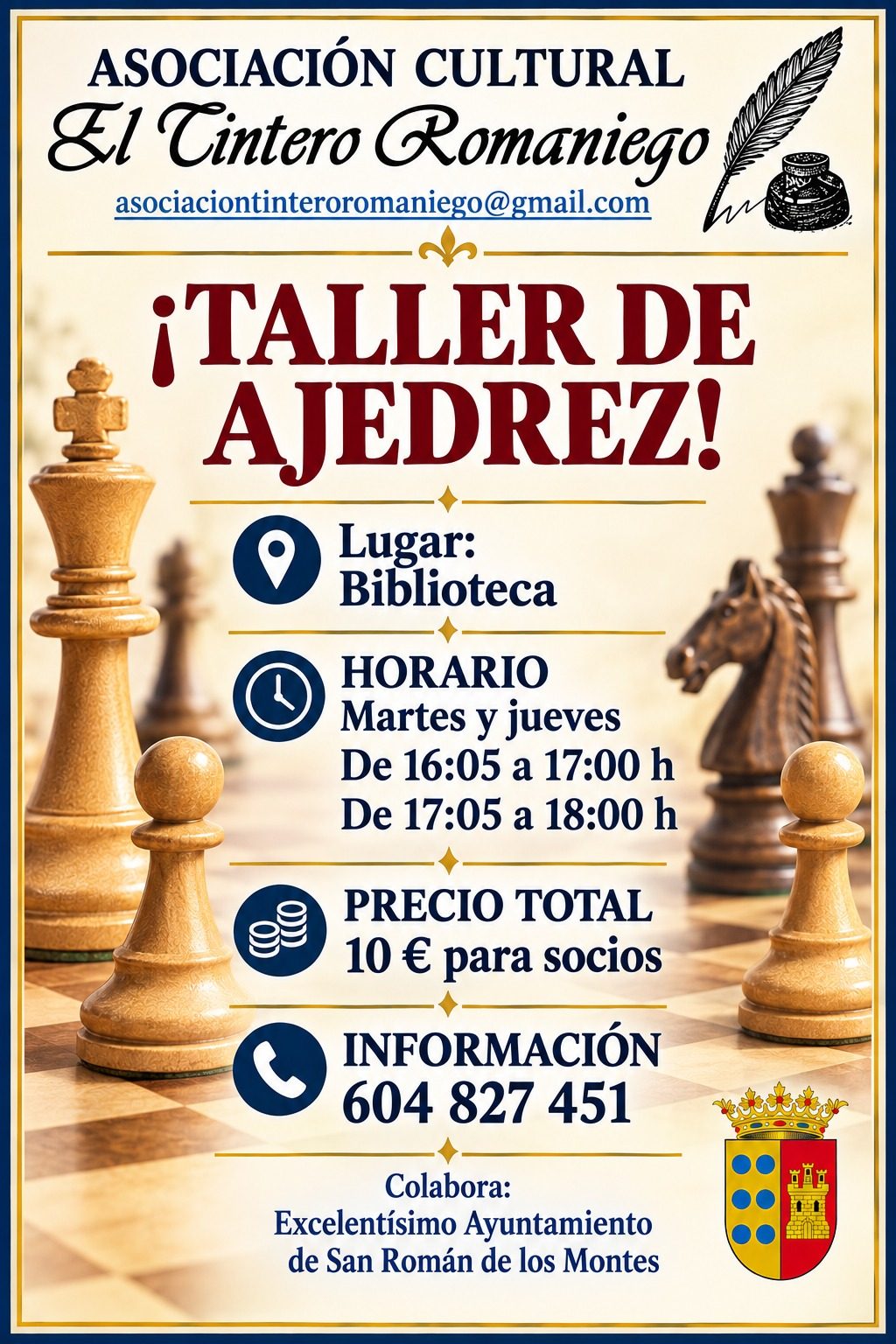 Cartel del taller de ajedrez de El Tintero Romaniego en la Biblioteca: martes y jueves de 16:05 a 17:00 y de 17:05 a 18:00, 10 euros para socios